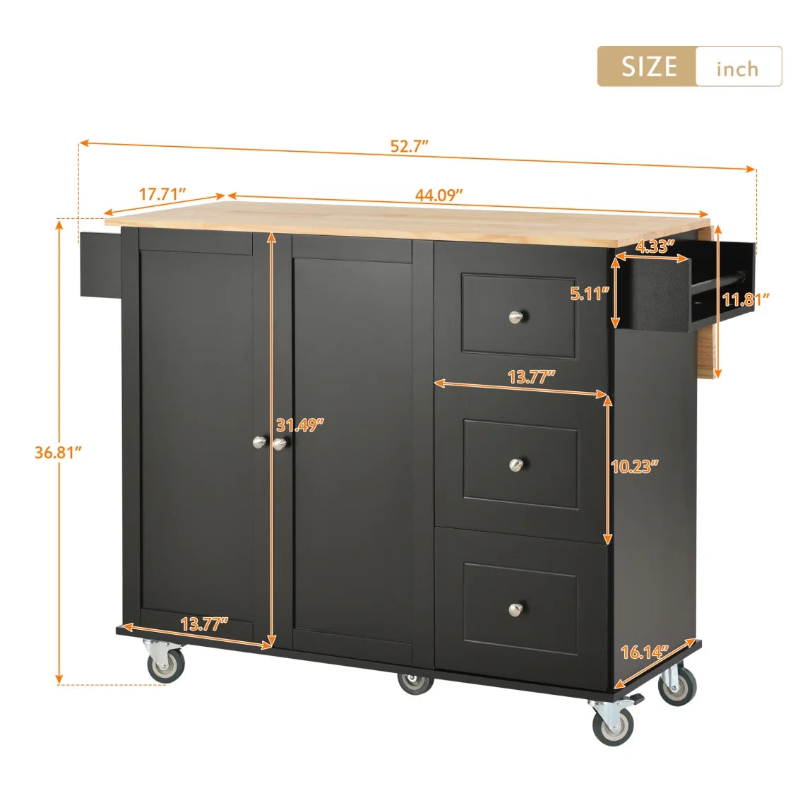 Kitchen Cart with Solid Wood Top and Drop Leaf Breakfast Bar, Rolling Mobile Kitchen Island with Storage, Spice Rack and Towel Rack, 52.7 Inch Width, Grey Blue