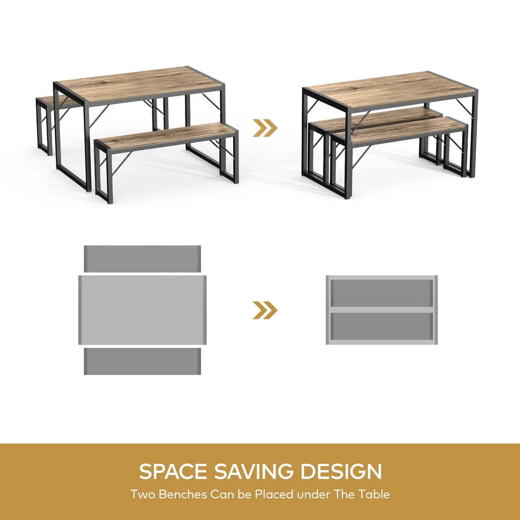 Aiho 45.5" Dining Table Set for 4 with 2 Benches for Kitchen, Dining Room - Gray