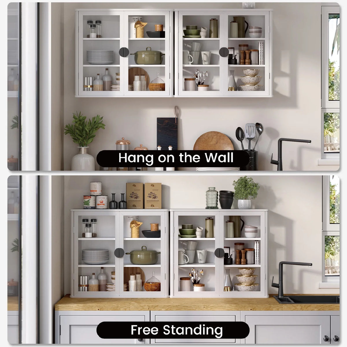 POLIHOME Floating Cabinet with Adjustable Shelves for Kitchen��28 inches��White+black Handle
