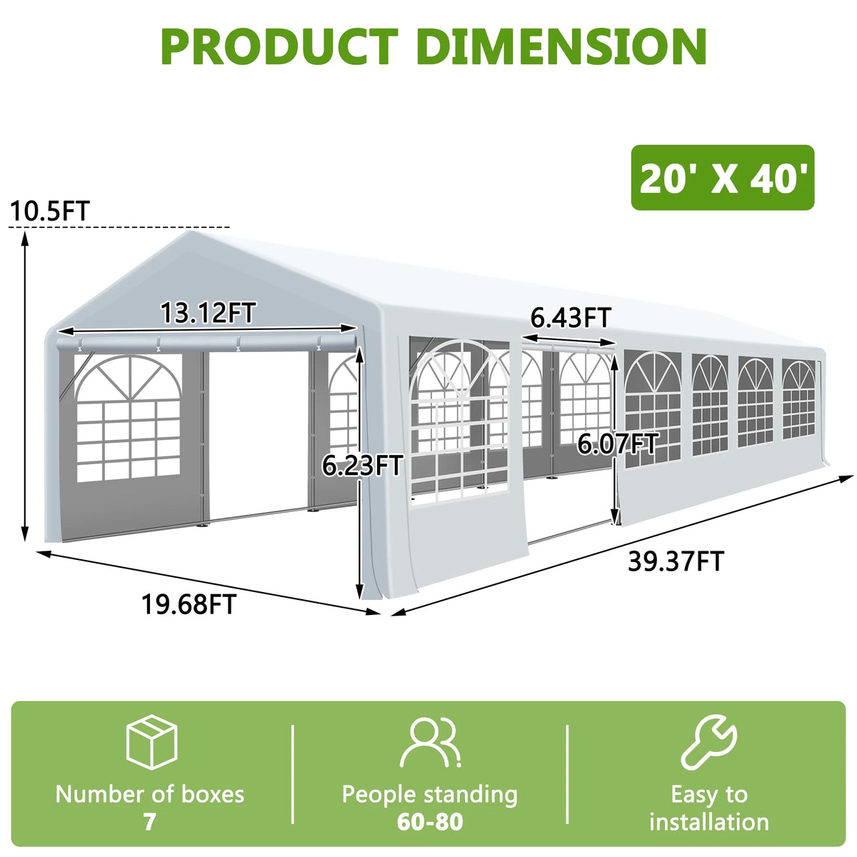 Gartooo 20'x20' Heavy Duty Party Tent, Outdoor Wedding Party Tent with Removable Sidewalls, Outdoor Canopy for Events