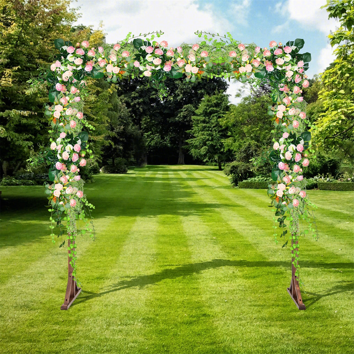 Gymax 7.2 FT Square Wedding Arch Wooden Arbor Backdrop Stand w/ Triangular-Shaped Base
