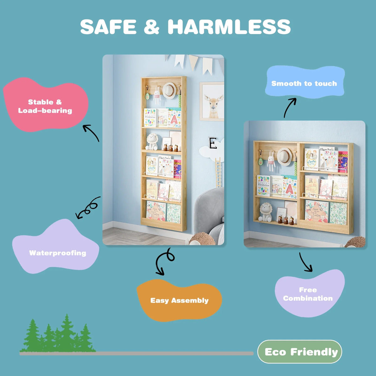 Advwin 5-Tier Wall Mounted Kids Bookshelf with Adjustable Shelves, Wooden Book Shelf Organizer, Behind Door Bookcase Display Shelf for Kids Room, Nursery, Playroom, Natural