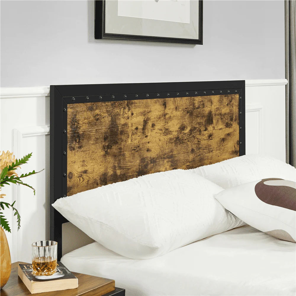 Topeakmart Industrial Metal Bed Frame with Wooden Headboard and Footboard, Full Size, Rustic Brown