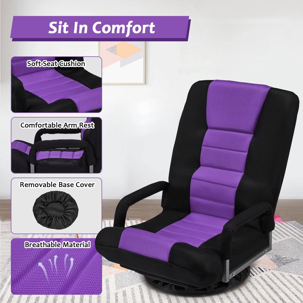 Avocahom Swivel Gaming Floor Chair w/ Armrest Handles, No Assembly gaming chair rocker, Folding Reclining Sofa w/6 Position Adjustable Backrest for Video Games, Watching TV, Reading,Blue