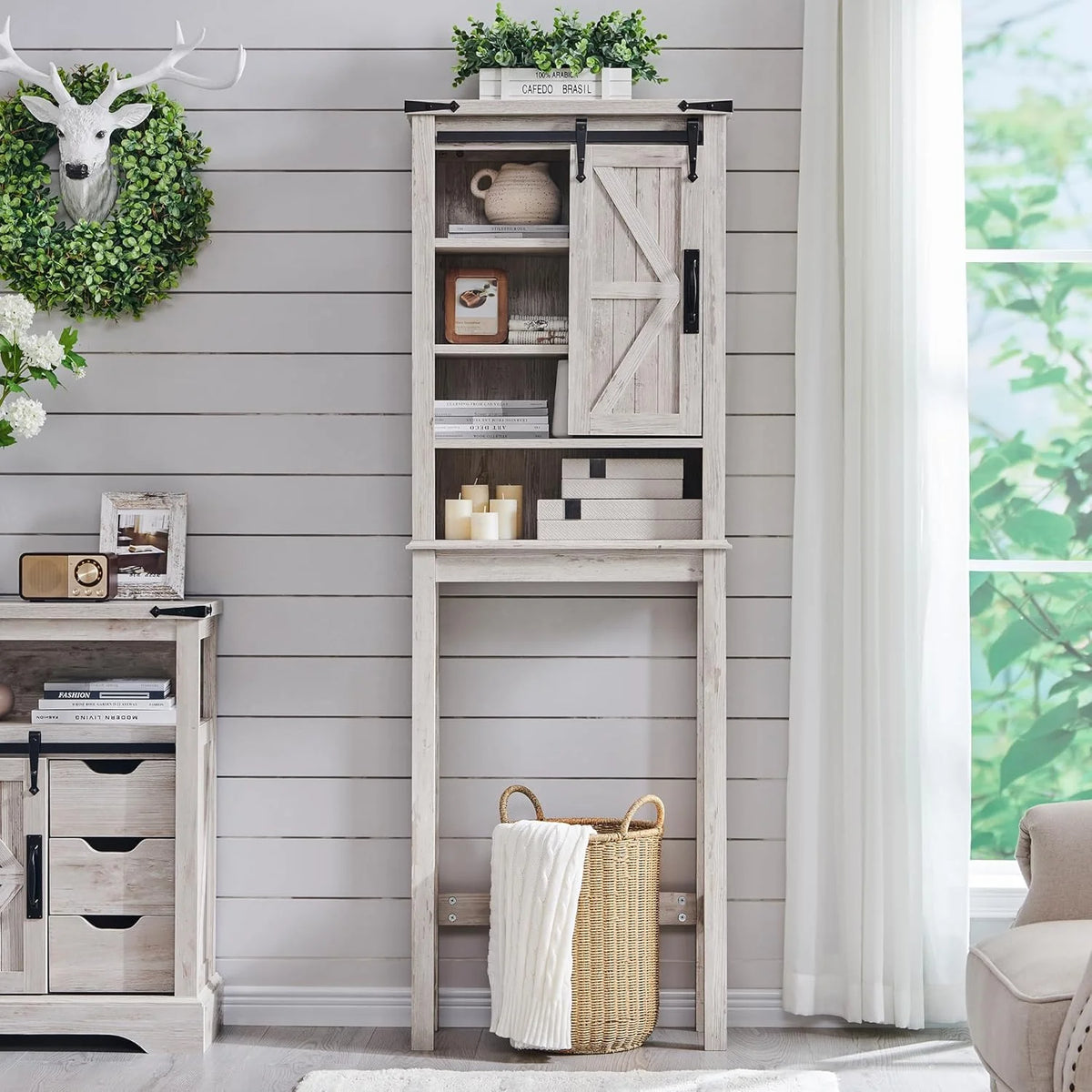 OKD 68In Farmhouse Over The Toilet Storage Cabinet with Sliding Bathroom Organizers and Storage Barn Door & Adjustable Shelves, Dark Rustic Oak