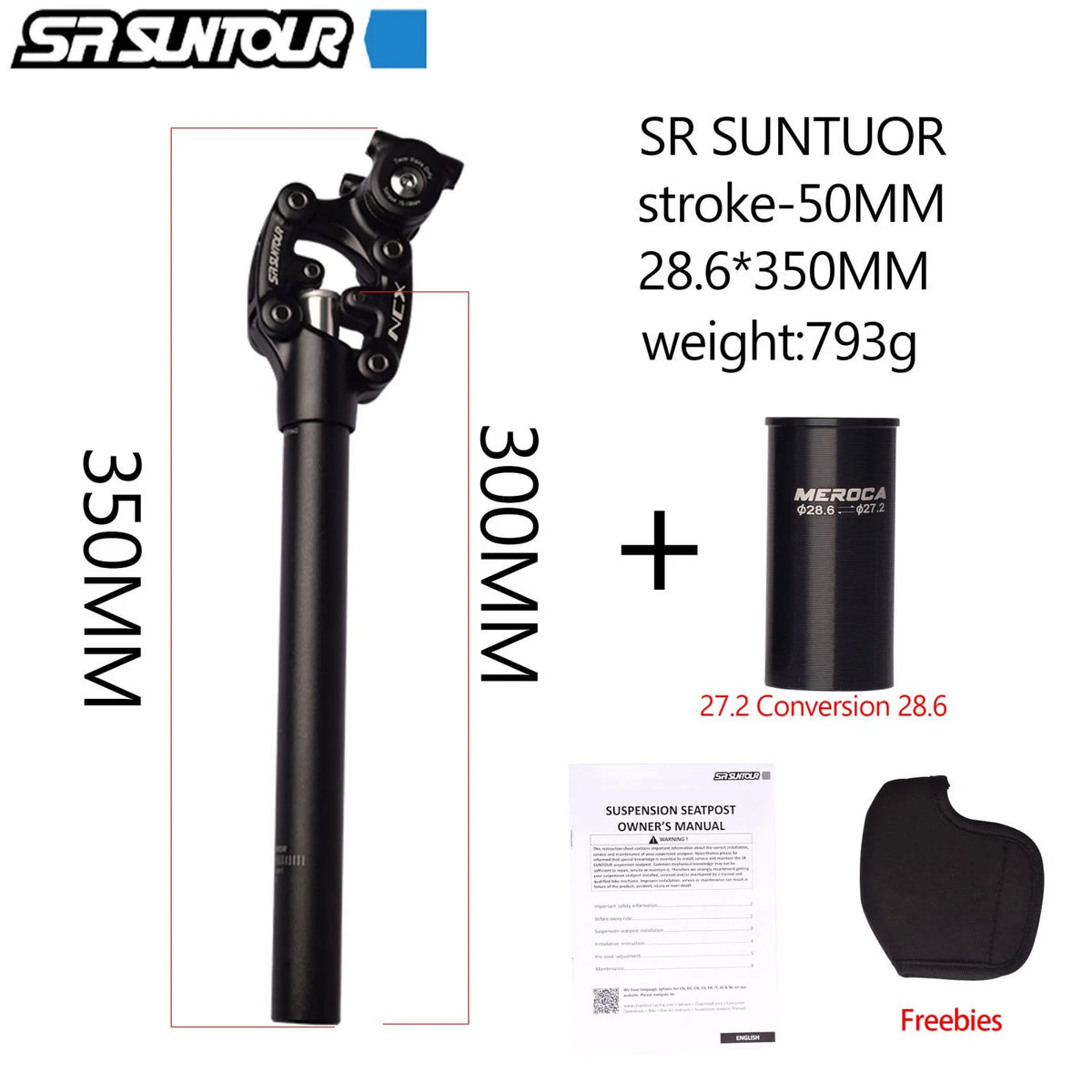 SR Suntour NCX Bicycle Suspension Seat Post with Standard Spring，Specification 27.2*350mm