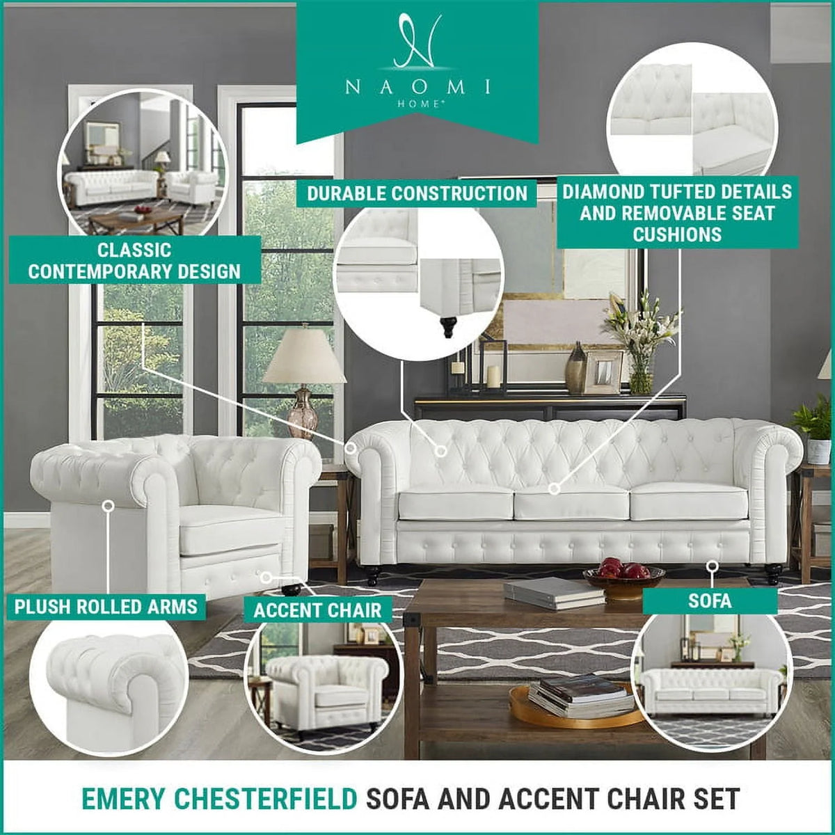Naomi Home Emery Chesterfield Sofa & Accent Chair with Rolled Arms, Tufted Cushions, White