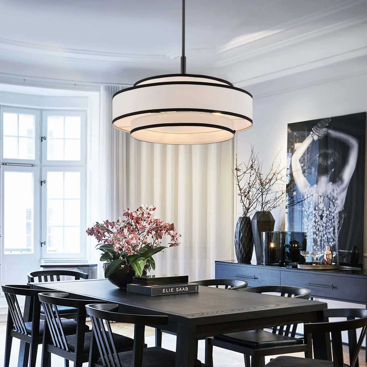 GetLedel 5-Light Double Shaded Dimmable Drum Chandelier Black