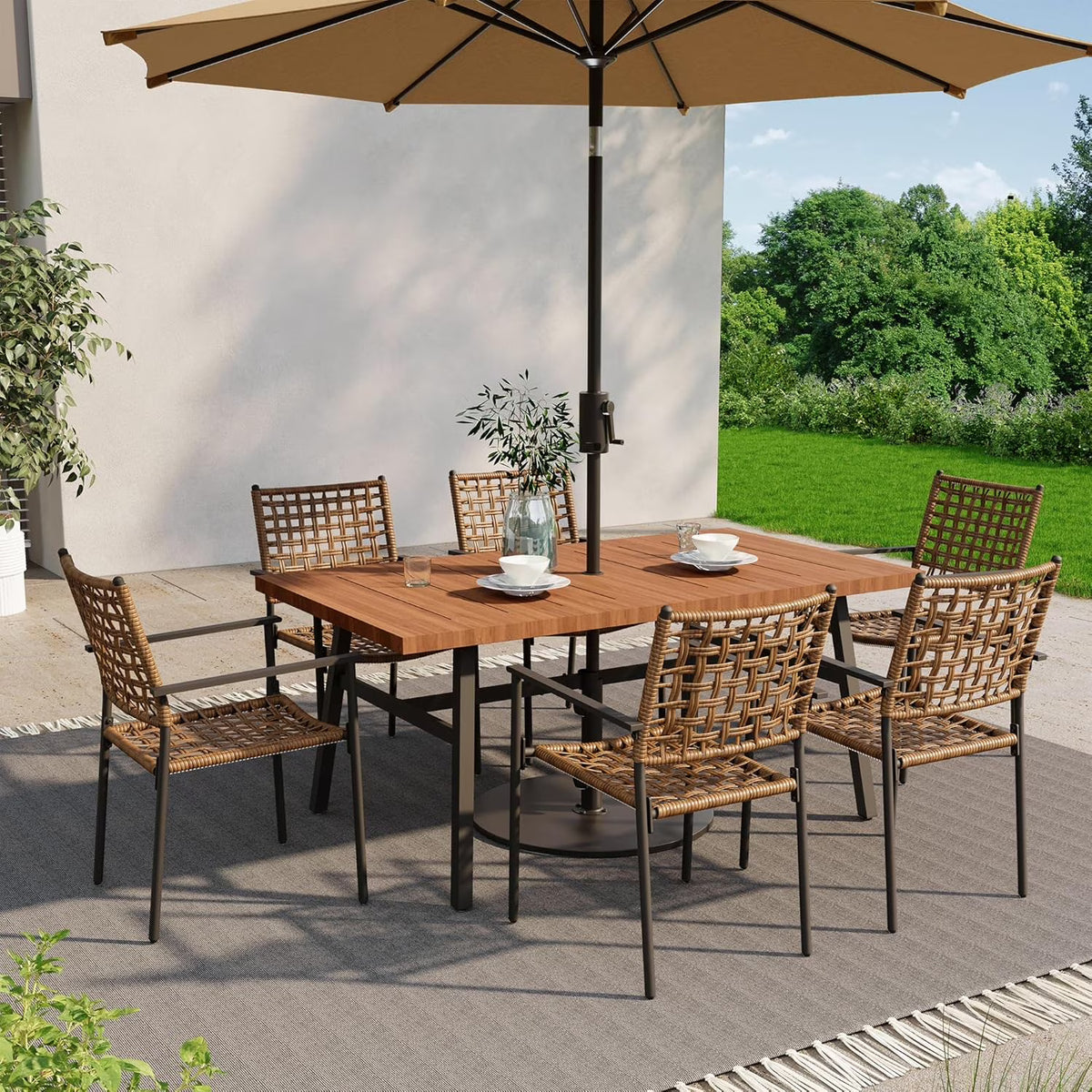 LAUSAINT HOME 7-Piece Outdoor Patio Dining Set, Rattan Chair and Wood-Grain Table, All-Weather Furniture for Garden or Backyard