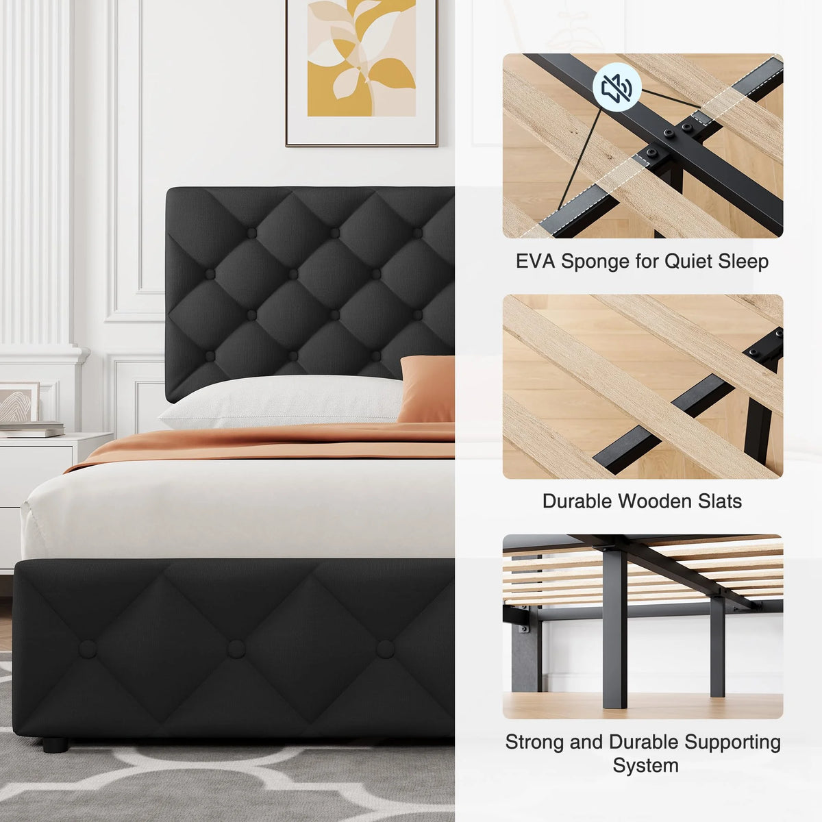 TROPOW Full Size Bed Frame,with 4 Storage Drawers and Adjustable Headboard, Linen Upholstered Platform Bed Frame, Diamond Stitched Button Tufted, No Box Spring Needed,White