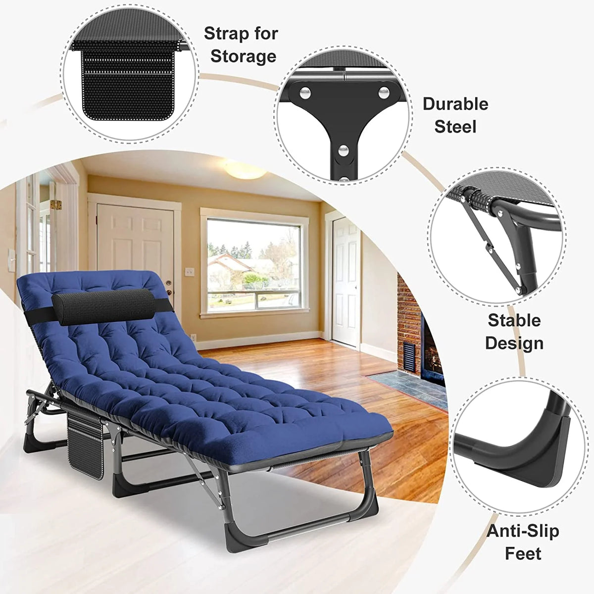 ABORON Folding Camping Cot with 2-Sided Pad & Pillow for Adults & Kids, Adjustable 5-Position Folding Lounge Chair, Folding Cot, Sleeping Cots Bed