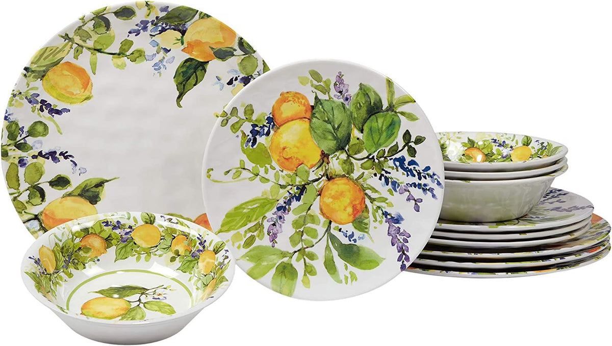 Certified International Lemon Zest 12 pc Melamine Dinnerware Set, Service for 4, Multicolor