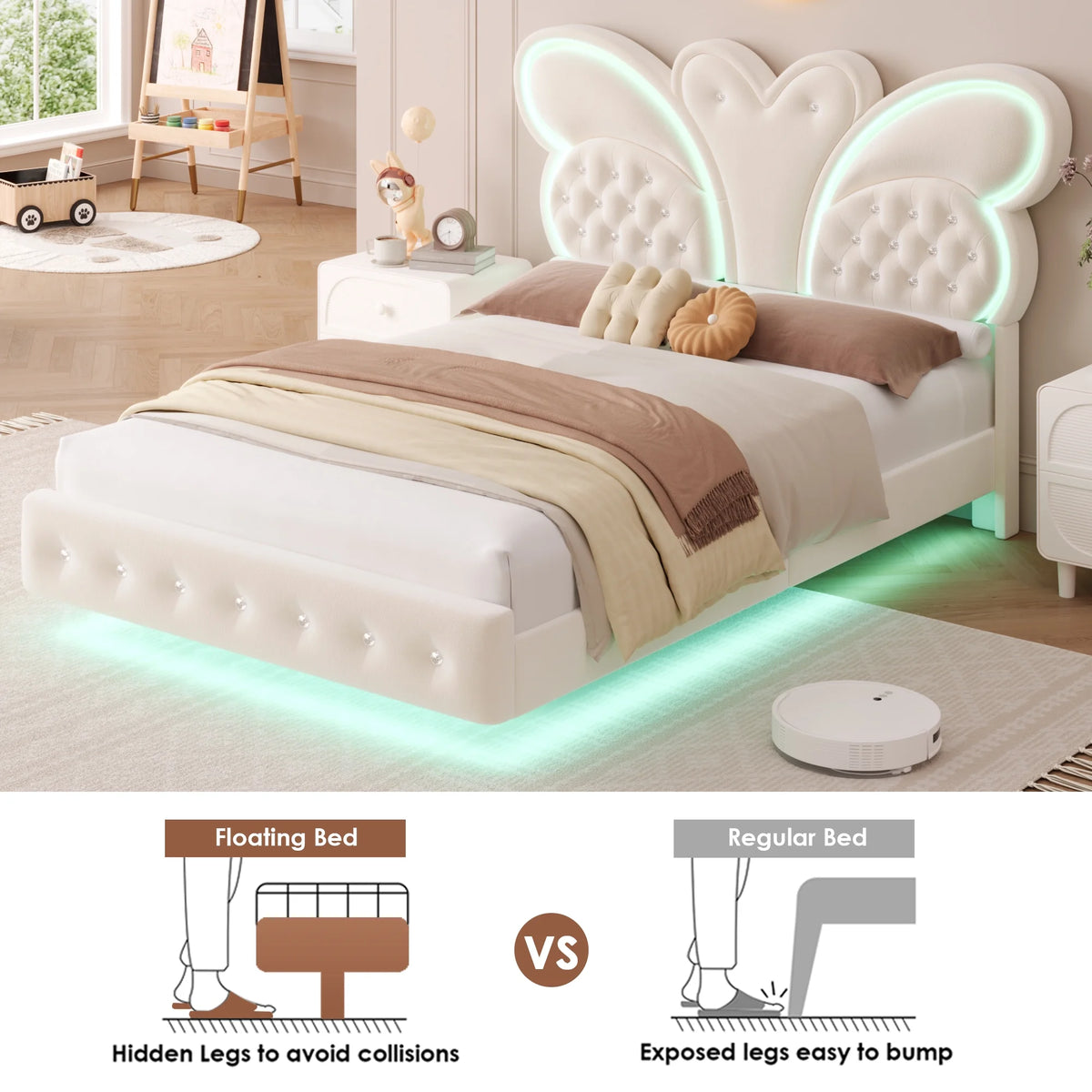 Homfa Twin Size Velvet Upholstered Bed with LED Lights, Floating Platform Bed Frame with Butterfly Crystal Button Tufted Headboard, Pink