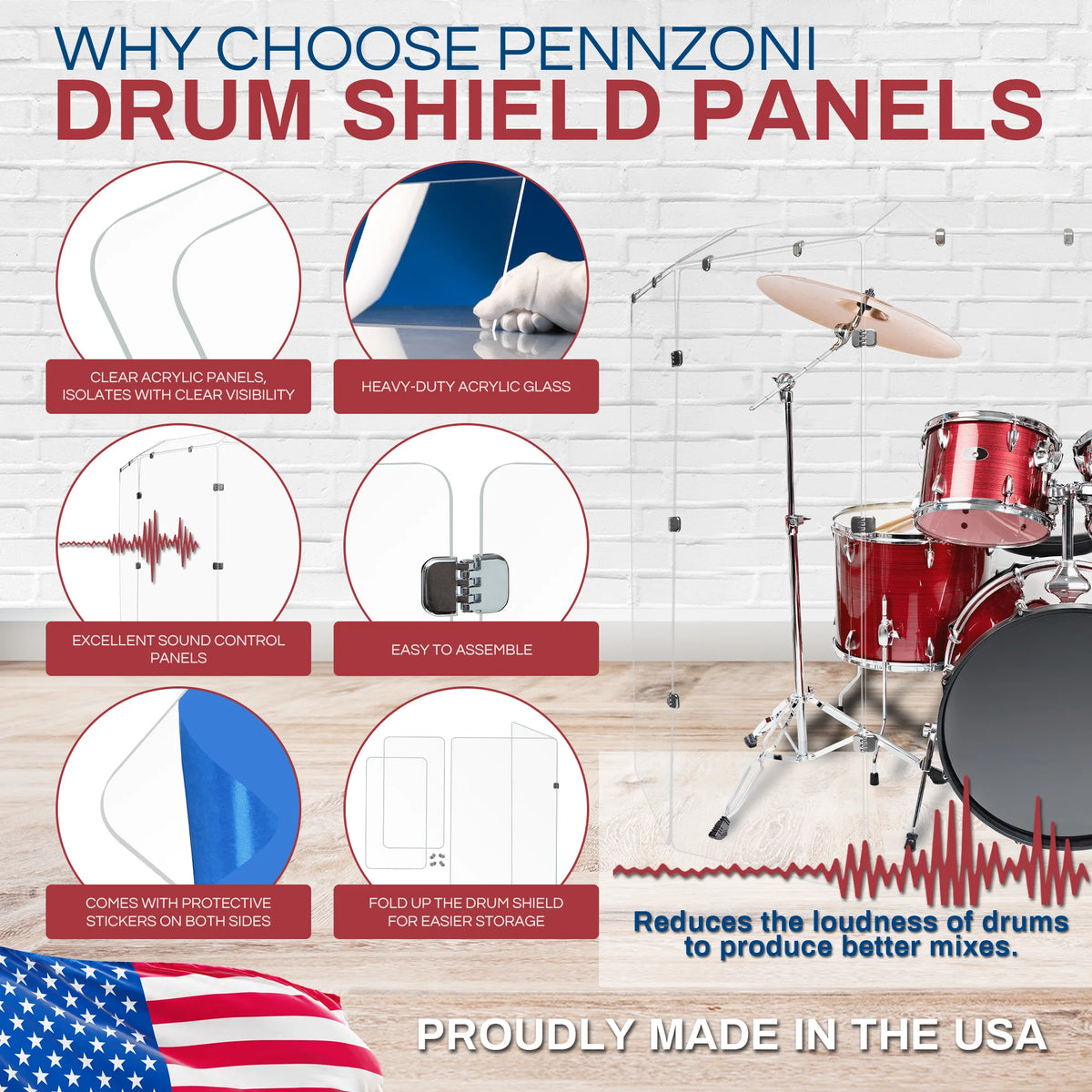 PENNZONI Drum Shield, Comes w/ 5 Panels & Chrome Hinges, 5 ft Clear Acrylic Panels