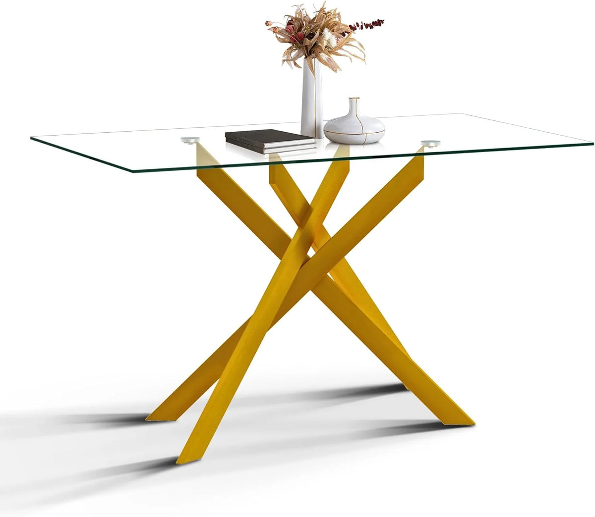 SSYBAB Glass Dining Table for 4 People, 51.2 Inches Rectangular Glass Kitchen Table with Silver Steel Legs, Modern Dining Room Table for Dinner Kitchen Dining Room