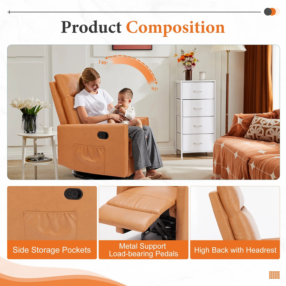Recliner Message Chair with Footrest, Swivel Rocking Glider, High Back Upholstered Deep Seat for Living Room, Grey