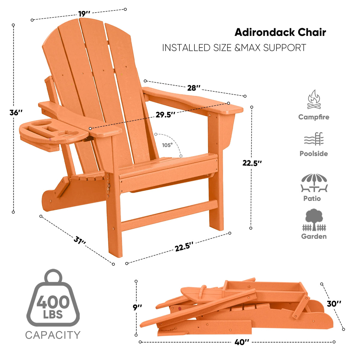 FOOWIN HDPE Plastic Adirondack Chairs Set of 4, Black