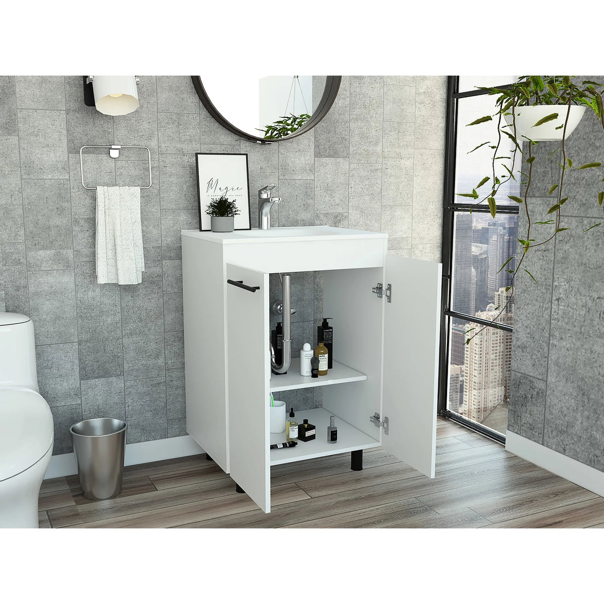 24" Floor Cabinet With Oak Finish, Double-door And Two Shelves - Storage Room Vanity Beige Particle Board Cabinet, Double Door & Spa