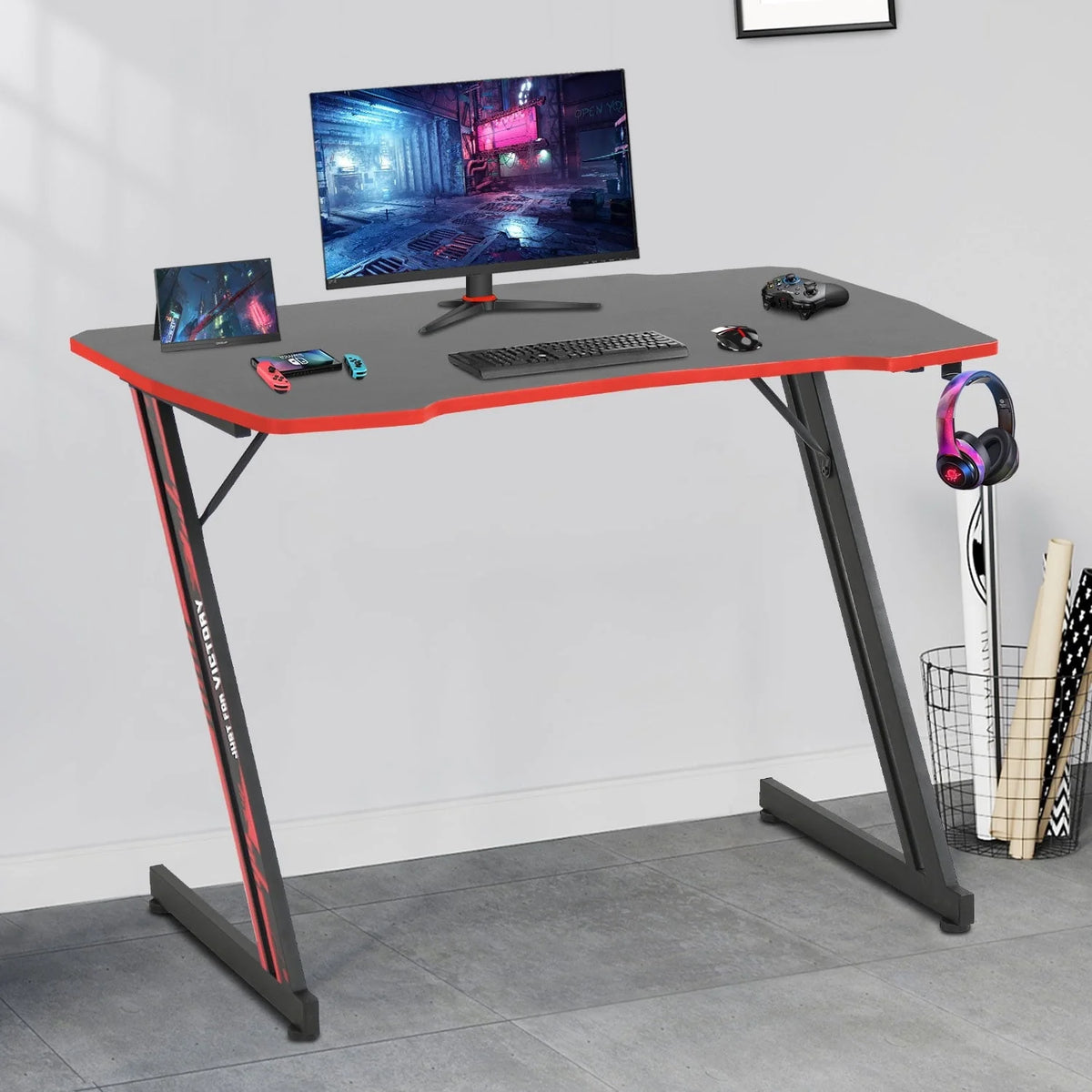 YRLLENSDAN Gaming Desk Z Shaped 40in Computer Gaming Workstation Ergonomic Gaming Table with Headphone Hook for Game Players, Red