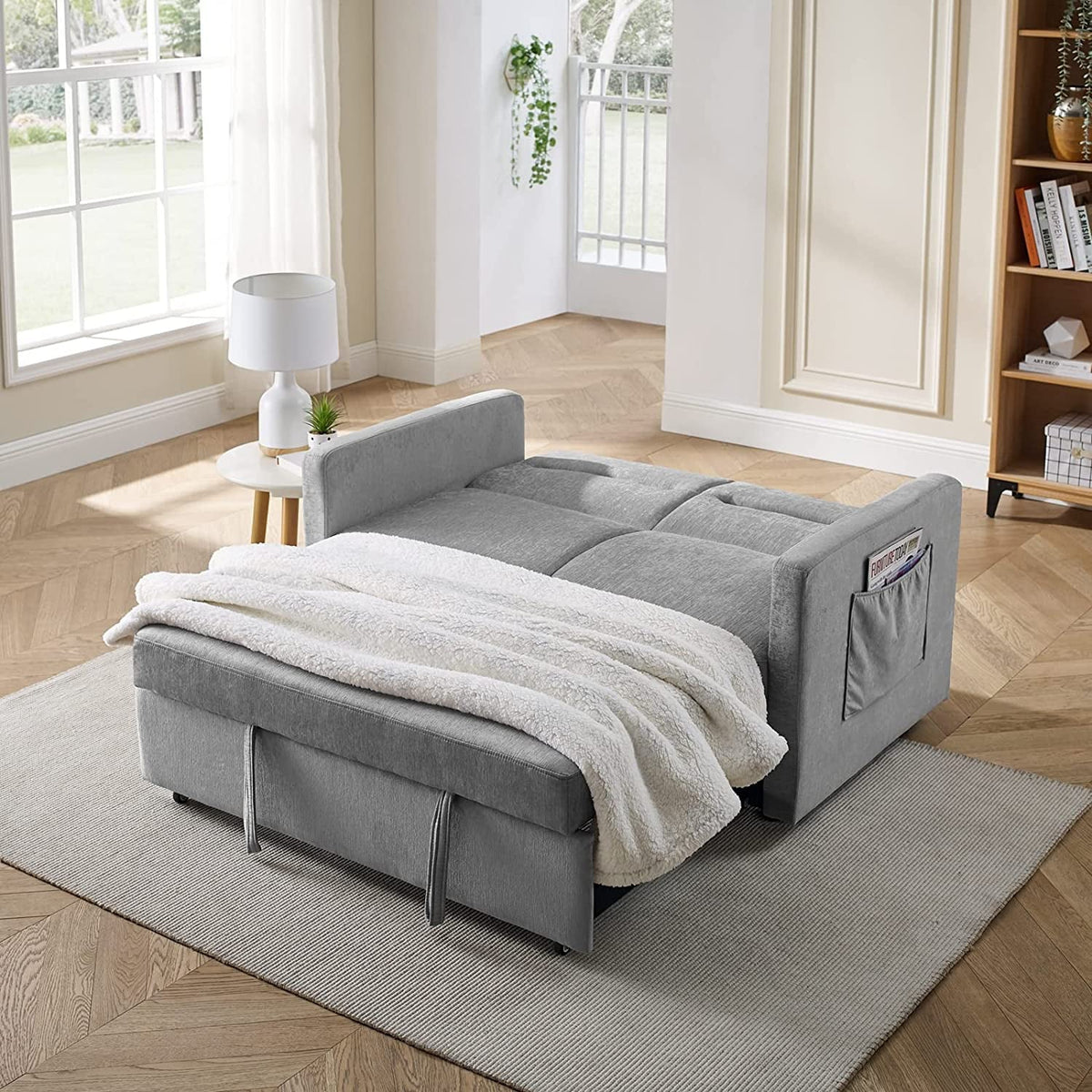 54.5" Pull Out Sofa Sleeper Couch, 3-in-1 Convertible Sleeper Sofa Bed for Living Room Apartment, Breathable Chenille Adjustable Sleeper Loveseat with Pull Out Bed and Side Pockets, Gray