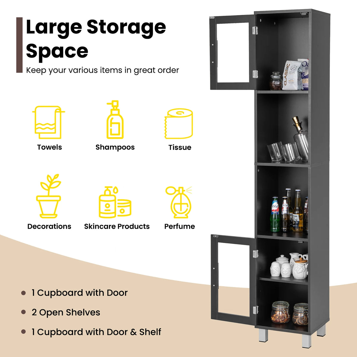 Costway 71'' Tall Tower Bathroom Storage Cabinet Organizer Display Shelves Bedroom Grey