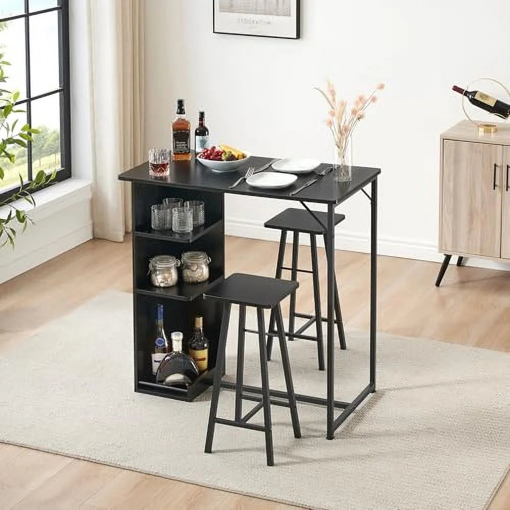 Dining Table Set, Bar Table and Chairs Set, 3-Piece Bar Table Set with Storage Drawer & Shelf, Steel Frame, Industrial, Rustic Brown, Space Saving Table for Small Apartment