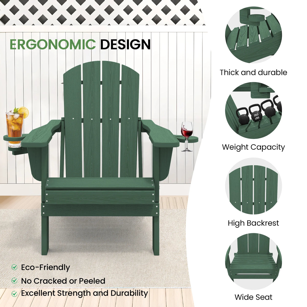 SERWALL Folding Adirondack Chair Set with Dual Cup Holders & Phone Holder, All-Weather HDPE Fire Pit Chairs for Outdoor, Patio, Poolside, Garden - Black