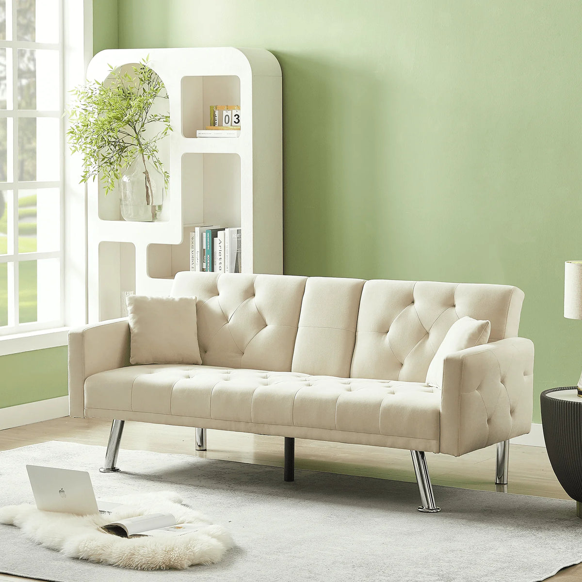 Modstyle 76" Fabric Futon Sofa Bed with Adjustable Backrest & Cup Holder, Beige