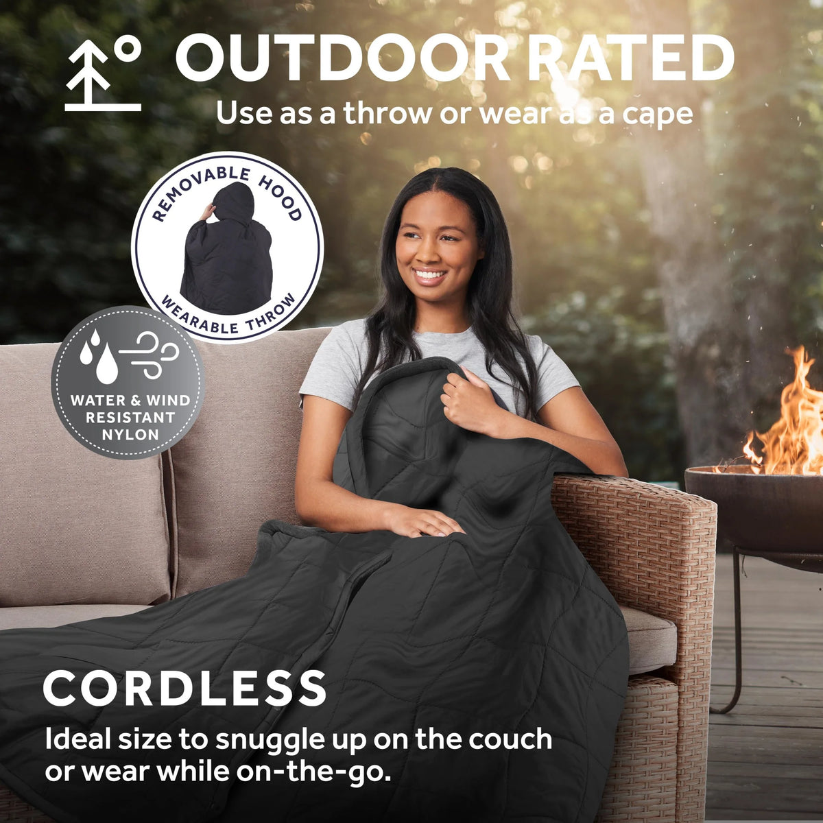 Sunbeam On-the-Go Cordless Heated Throw Blanket with Hood Black Nylon/Microplush 50x66