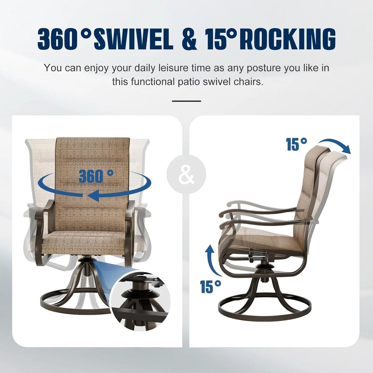 Techmilly Patio Swivel Chairs Set of 2, Outdoor Dining Chairs High Back Padded All Weather Breathable Textilene Outdoor Swivel Chairs with Metal Rocking Frame for Lawn Garden Backyard Deck, Dark Grey