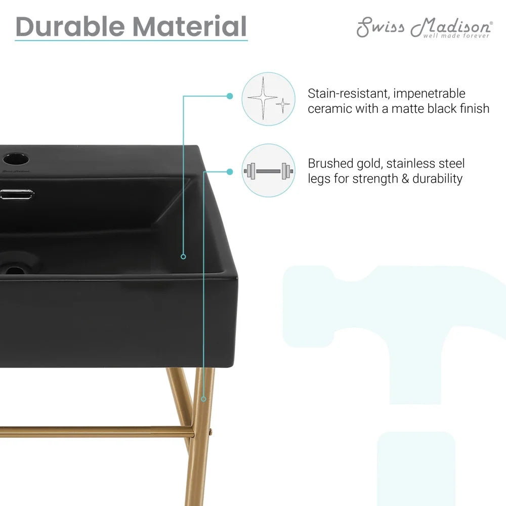 Claire 24 Ceramic Console Sink Matte Black Basin Brushed Gold Legs