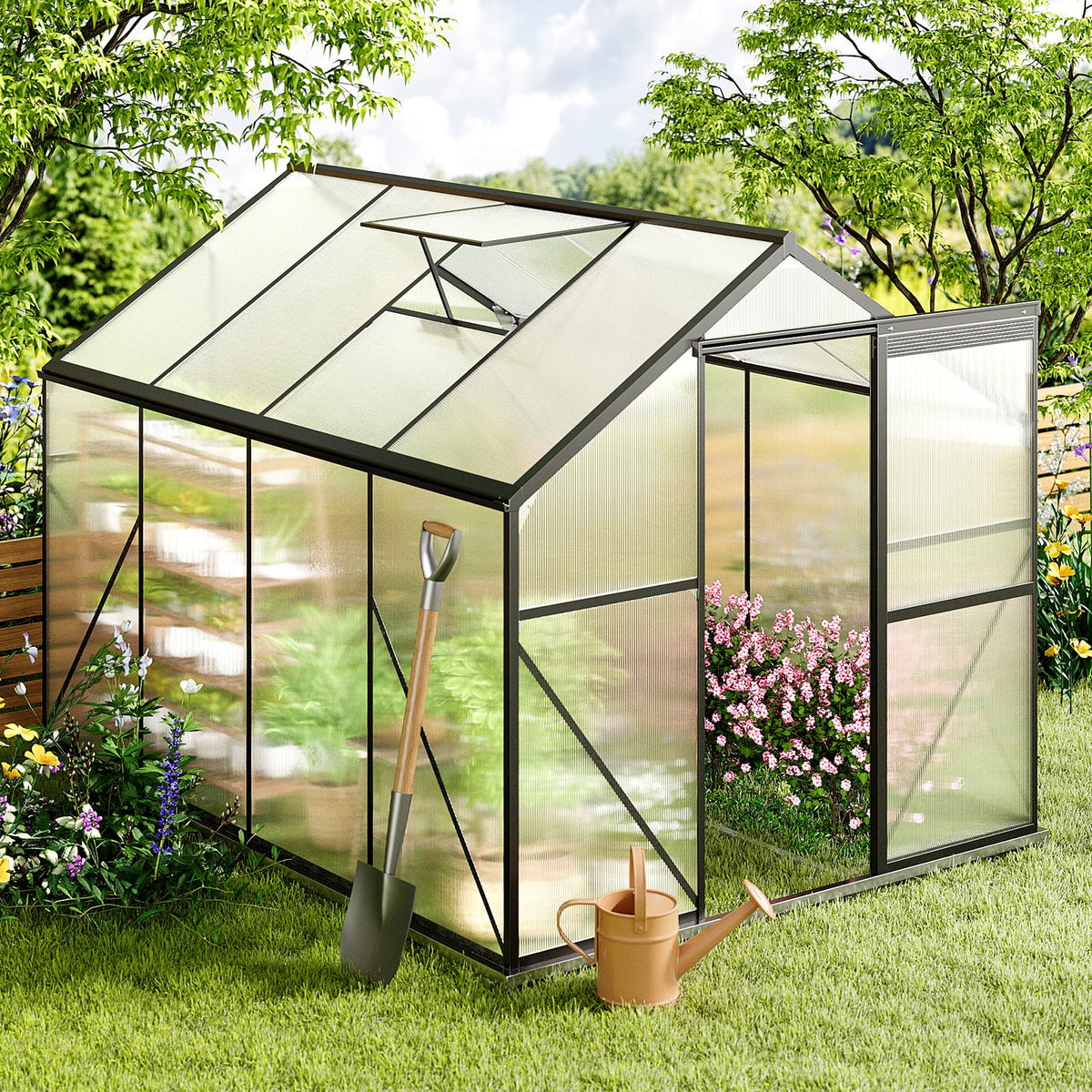 Asofer 8x6 FT Greenhouse with Lockable Hinged Door Vent Window, Polycarbonate Walk-in Winter Greenhouse Sunroom, Black