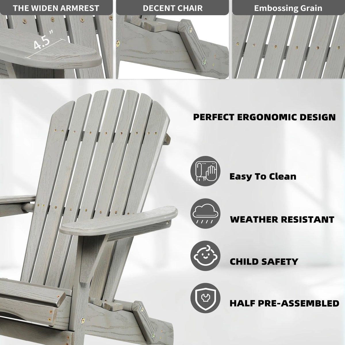 uhomepro Outdoor Adirondack Chairs Set of 2, Folding Fire Pit Chair, Weather Resistant Patio Lawn Chair for Outside Deck Garden Backyard Balcony, Gray