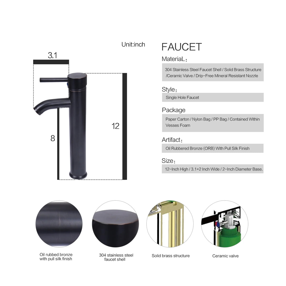 FULLWATT Bathroom Ceramic Sink Vanity Vessel Basin Porcelain Faucet Drain Combo Rectangle,White