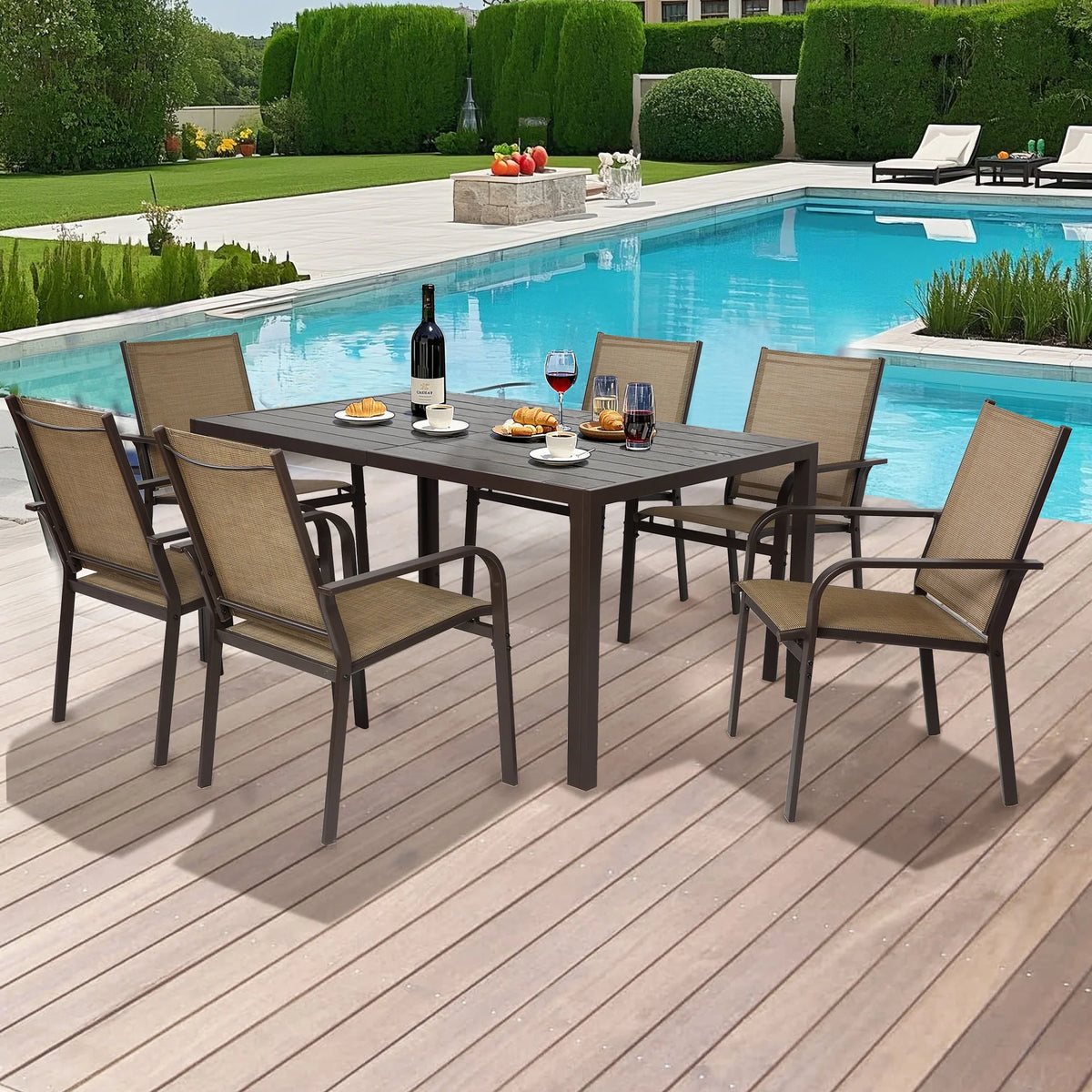 Seizeen 7-Piece Outdoor Table and Chairs, Patio Table Set with 6 Rattan Chairs, All-weather Outdoor Patio Dining Sets Rectangular Metal Table with Acacia Wood Top, Umbrella Hole, Gray