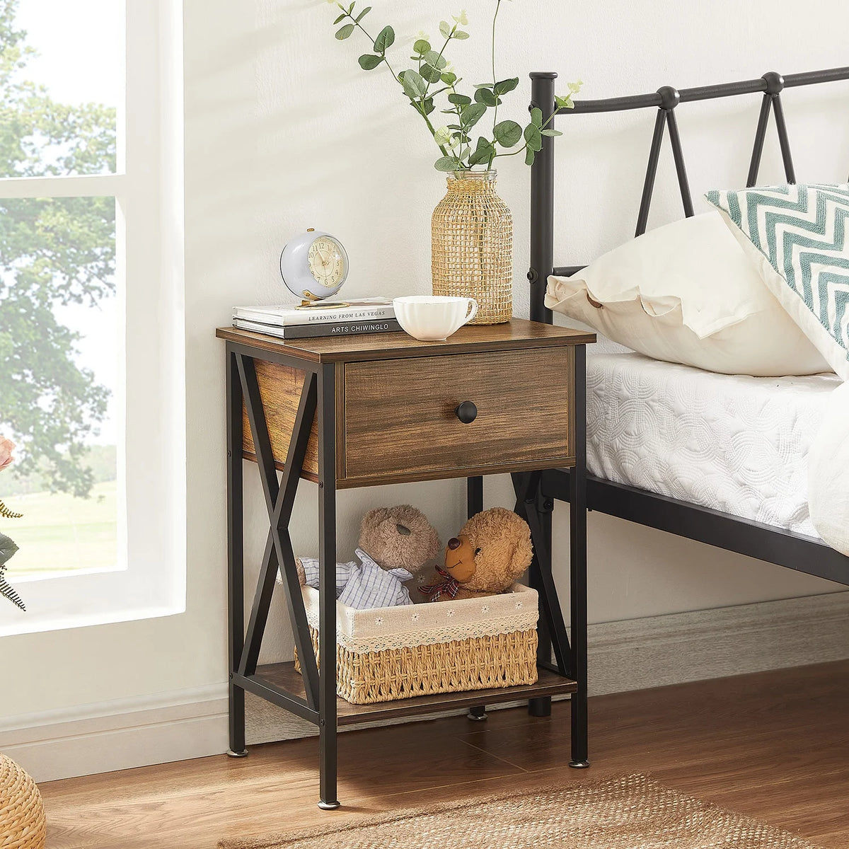 VECELO 3-Piece Bedroom Set with Twin Size Bed Frame and 1-Drawer Black Nightstands