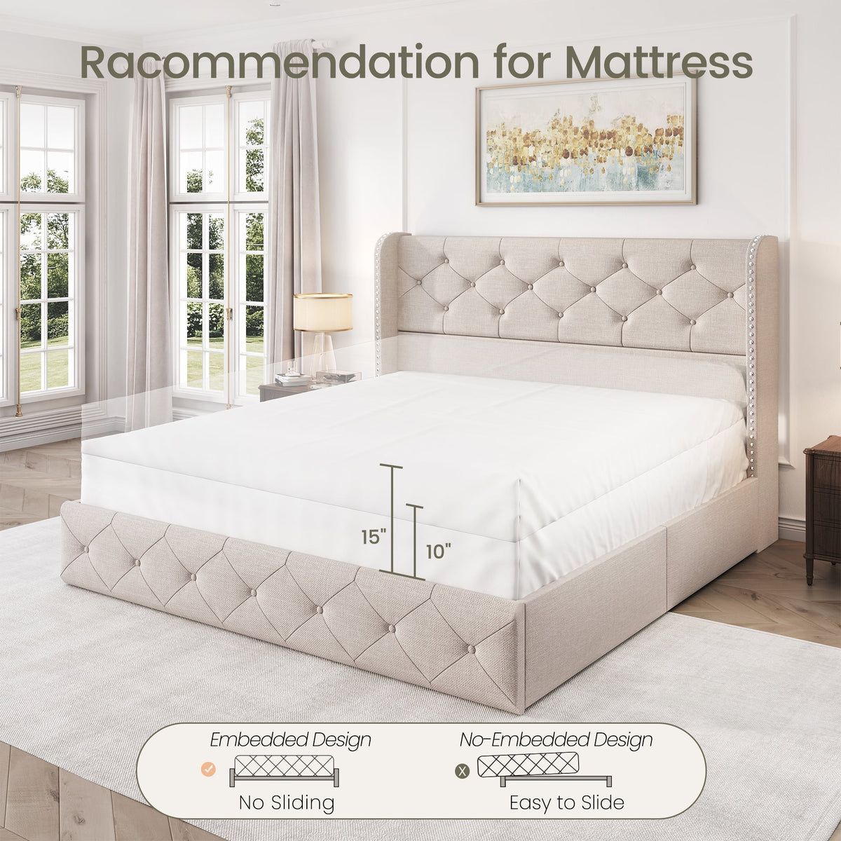 LARMACE Queen Size Platform Bed Frame with 4 Storage Drawers and Tufted Headboard Linen Upholstered Bed Wingback Bed Frame with Wooden Slats Support, Easy Assembly, Light Grey