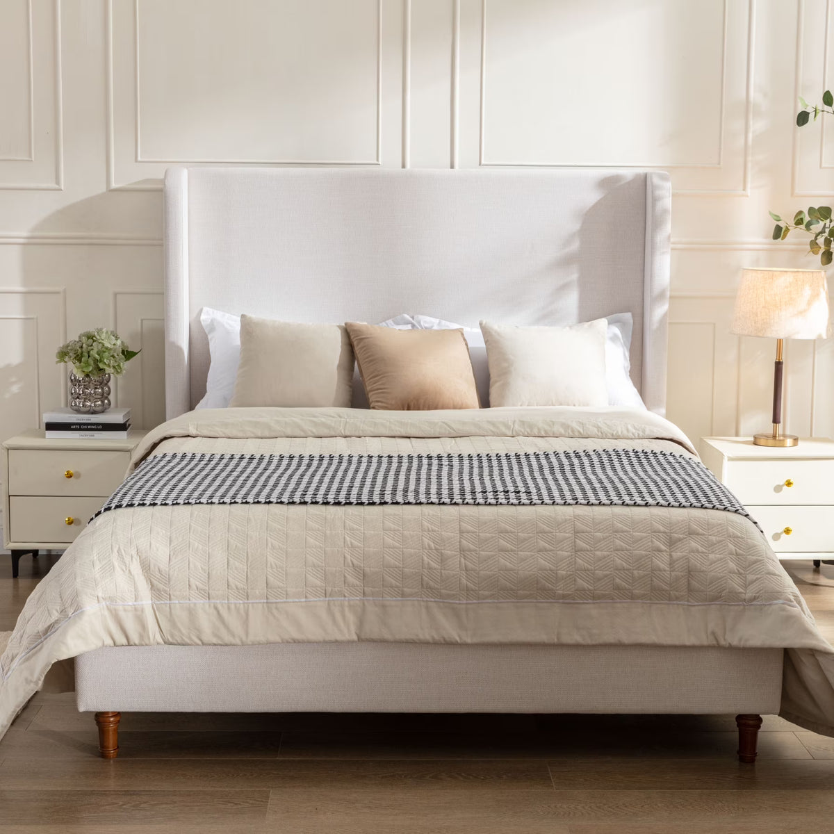 King Bed Frame Upholstered Bed with Tall Headboard, Chenille Platform Bed King Size, No Box Spring Needed, Easy Assembly, Ivory