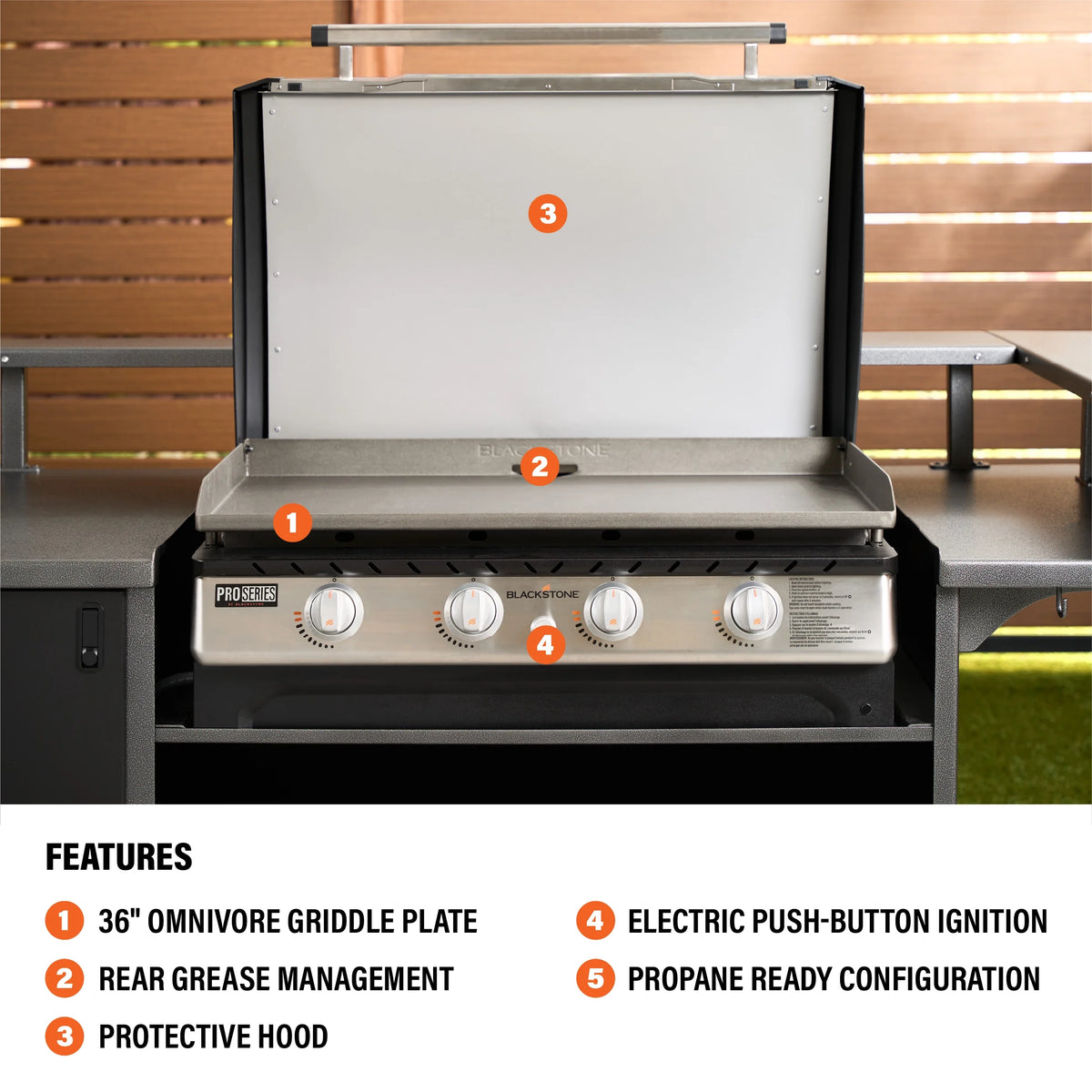 Blackstone Pro Series 4-Burner 36" Propane Omnivore Drop-in Outdoor Griddle with Hood