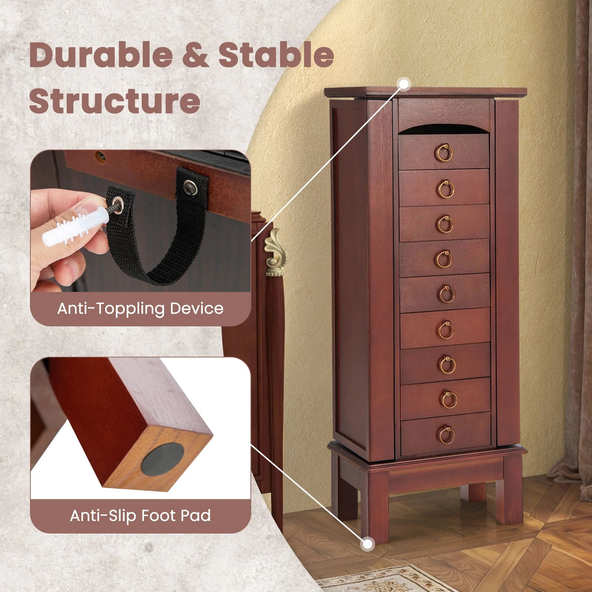 Costway Wood Jewelry Cabinet Armoire Storage Box Chest Stand Organizer Indoor Bedroom