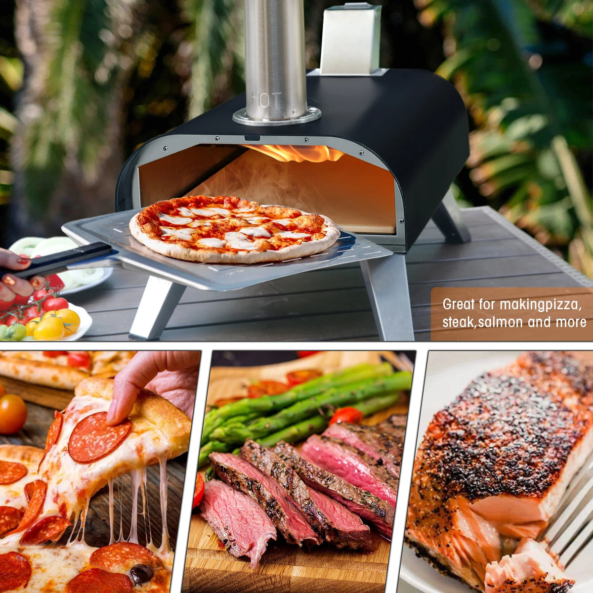 BIG HORN OUTDOORS 12" Wood Pellet Fired Pizza Oven, Black, Stone-Baked Pizzas