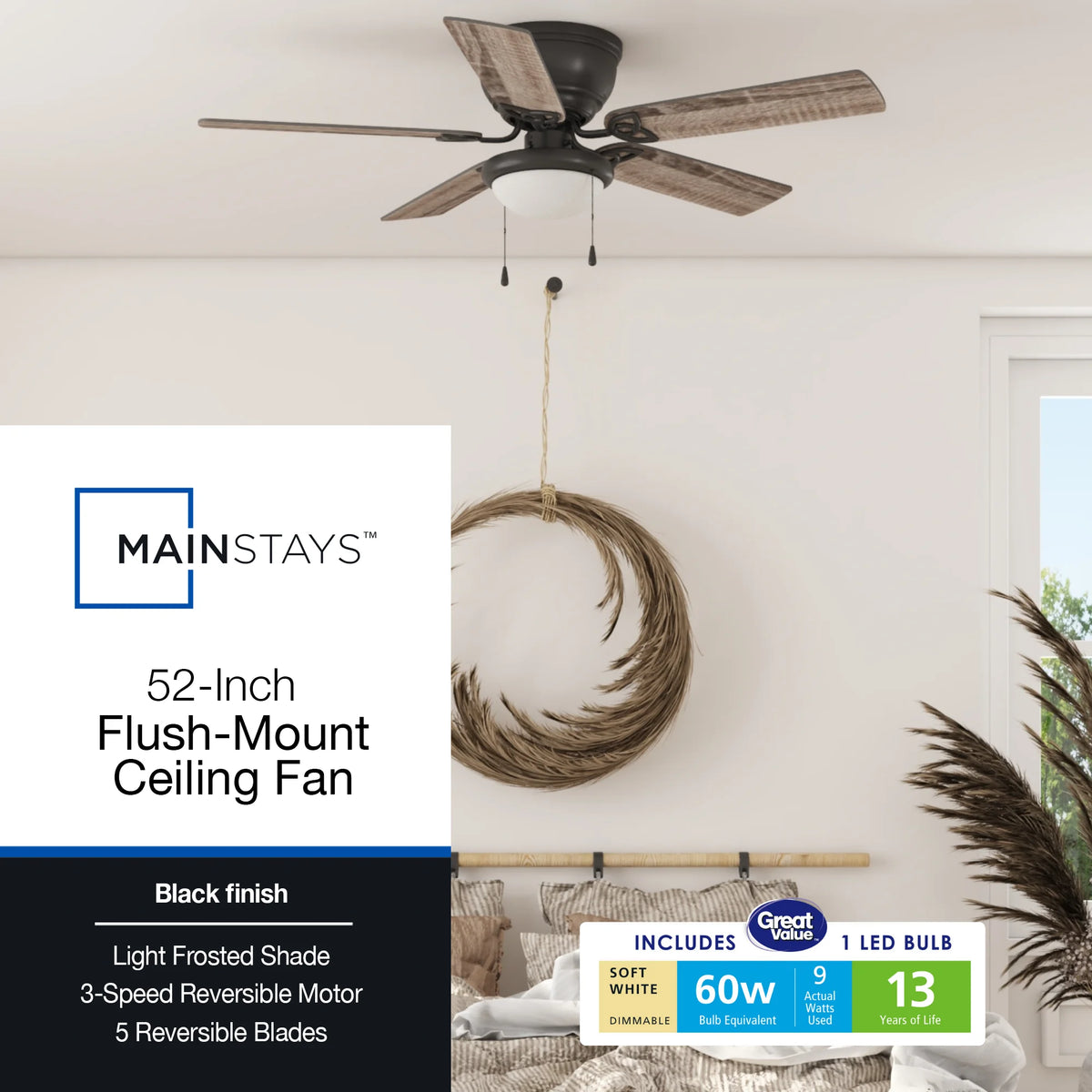 Mainstays 52" Black Traditional Indoor Ceiling Fan with Light, Pull Chain Control & Reverse Airflow