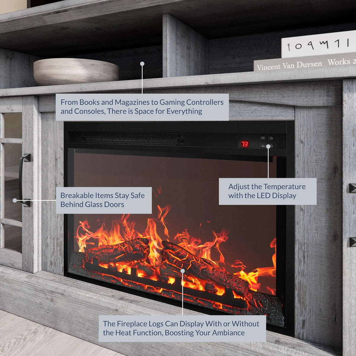BELLEZE 58" TV Stand with 23" Electric Fireplace, Fireplace TV Console for TVs up to 65", Home Entertainment Center with Storage Cabinet and Adjustable Shelves - Astorga (Gray Wash)