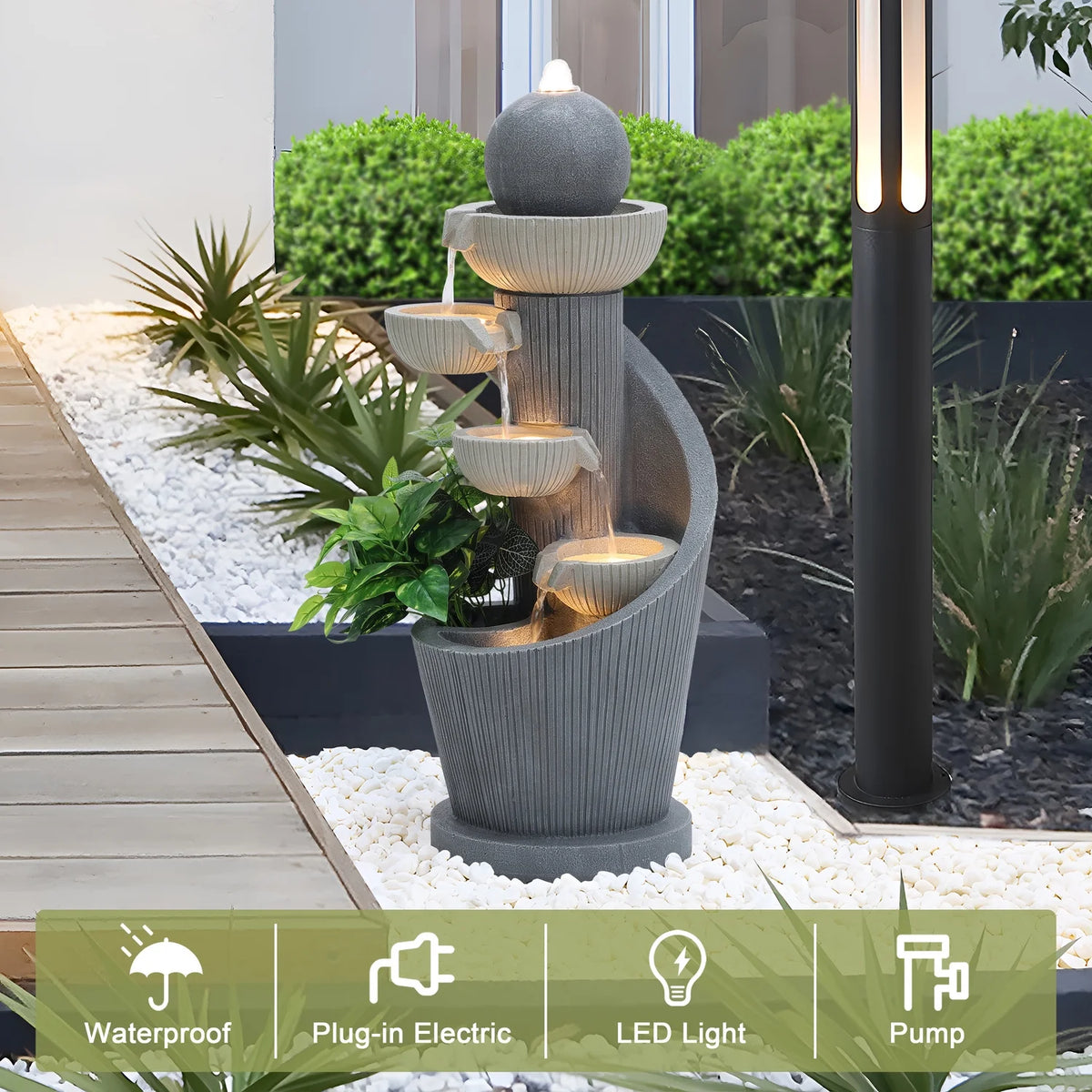 LuxenHome Outdoor Water Fountain, 29 Inch Resin Cascading Water Fountains Indoor with LED Lights