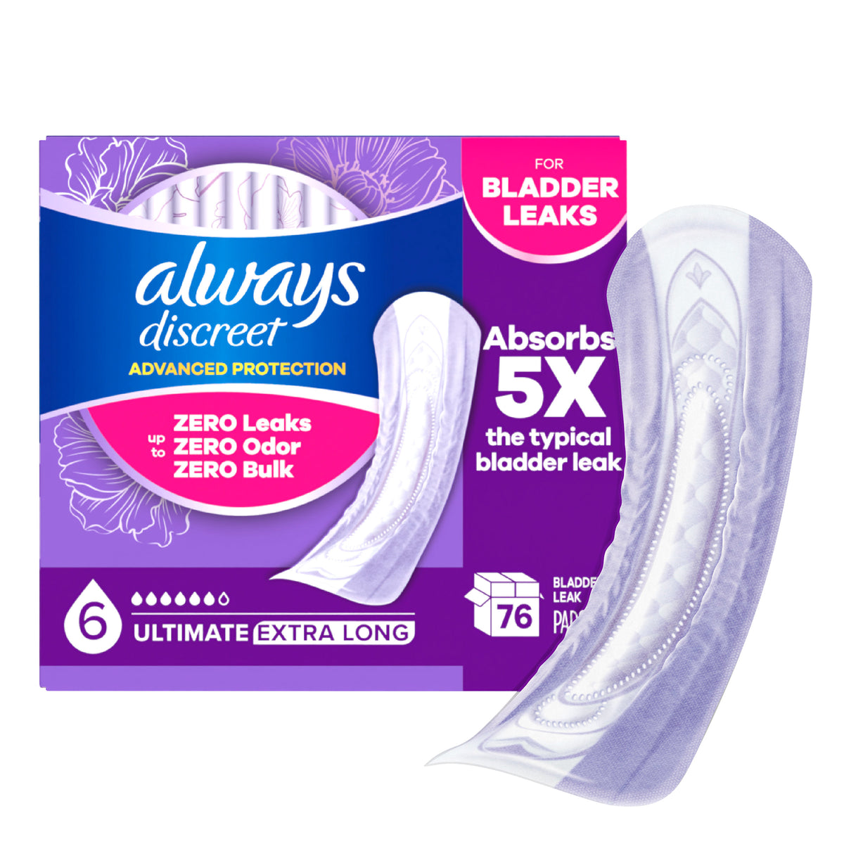 Always Discreet Advanced Protection Incontinence Pads for Women, Ultimate Absorbency, Extra Long, 76-count