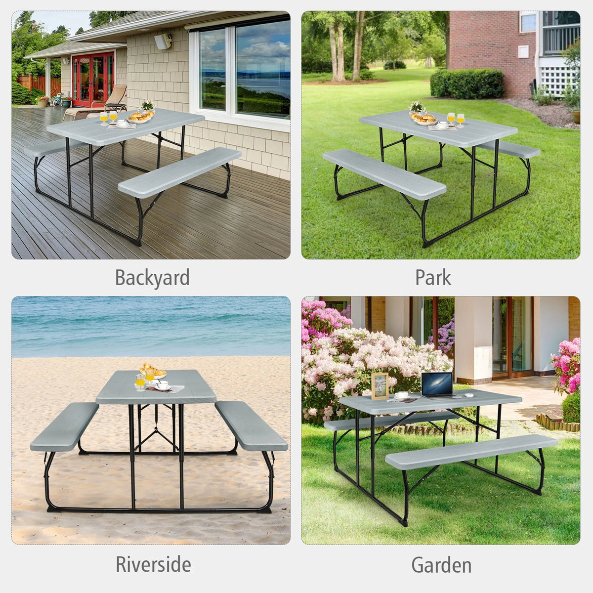 Gymax Folding Picnic Table & Bench Set for Camping BBQ w/ Steel Frame Grey