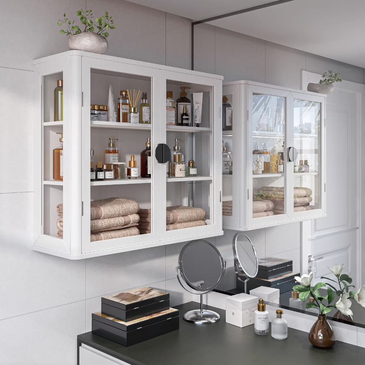 POLIHOME Floating Cabinet with Adjustable Shelves for Kitchen��28 inches��White+black Handle
