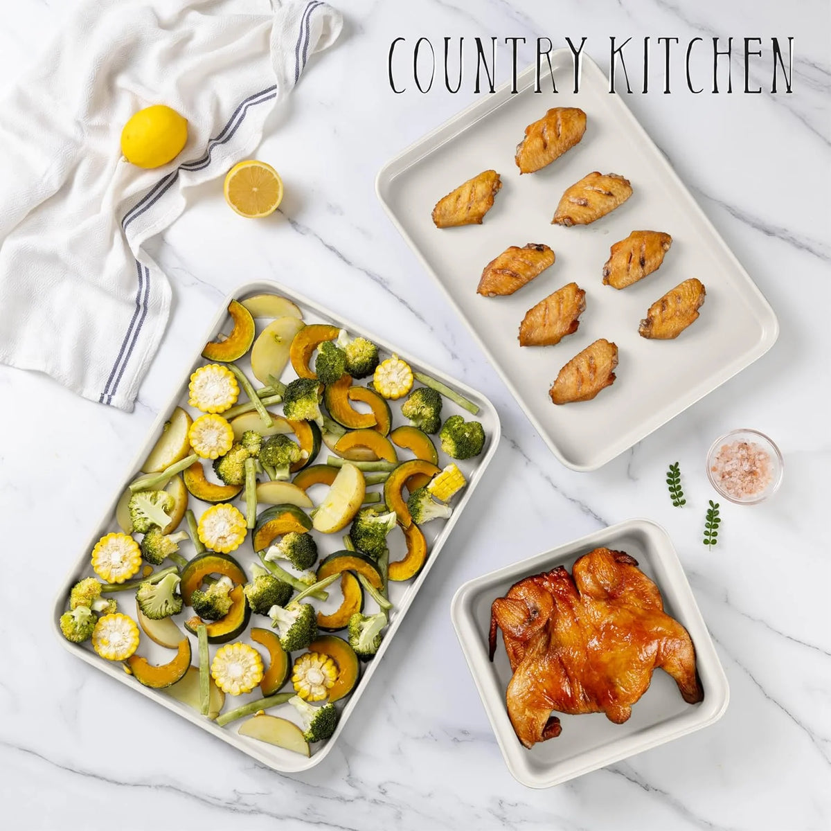 Country Kitchen 13-Piece Nonstick Cookware and Bakeware Set - Pots and Pans Collection with Stackable Design, Cream
