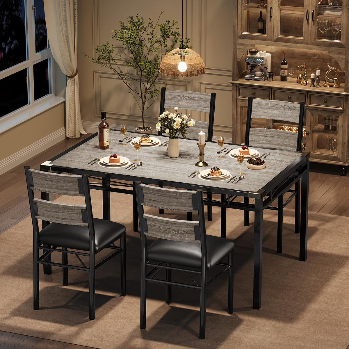 Dining Table Set for 4, Dining Room Table Set for 4 with Upholstered Chairs, Wood Kitchen Table Chairs Set of 4 with Corner Protector for Small Space, Kitchen, Apartment, Rustic Brown