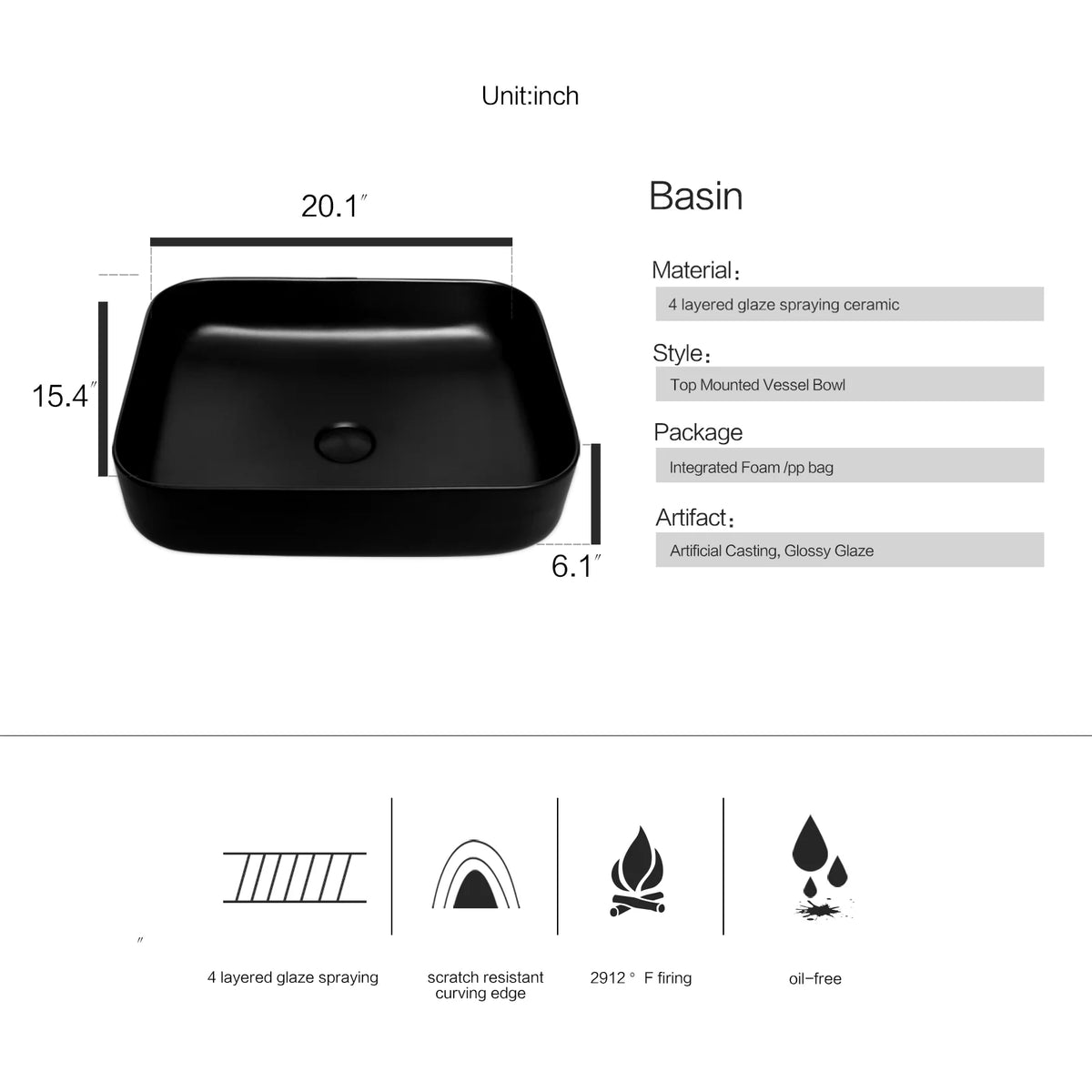 FULLWATT Bathroom Ceramic Sink Vanity Vessel Basin Porcelain Faucet Drain Combo Rectangle,White